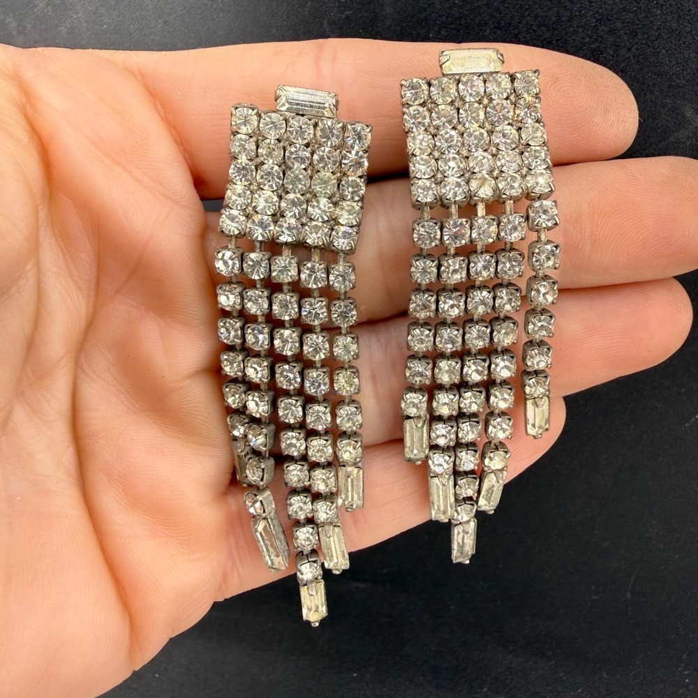 Vintage Rhinestone Chandelier Clip On Earrings Silver Tone